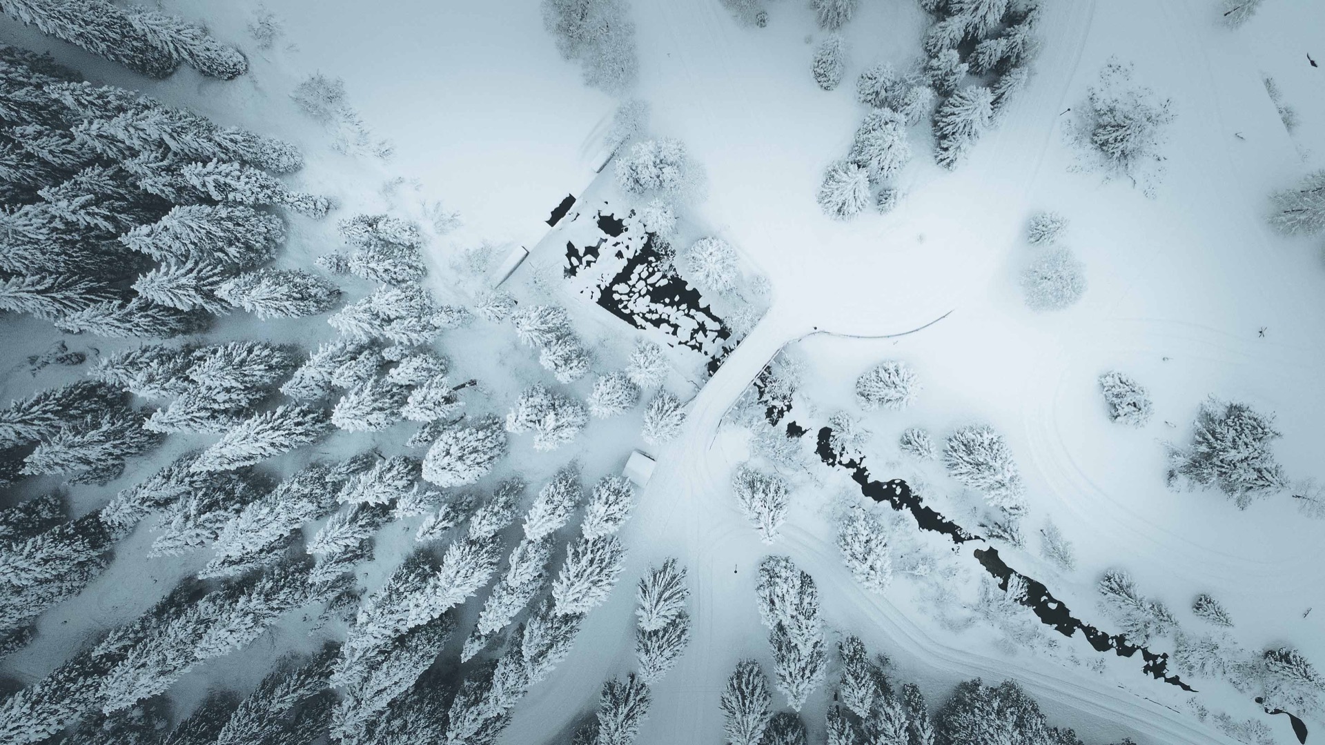 Winter river from above, drone